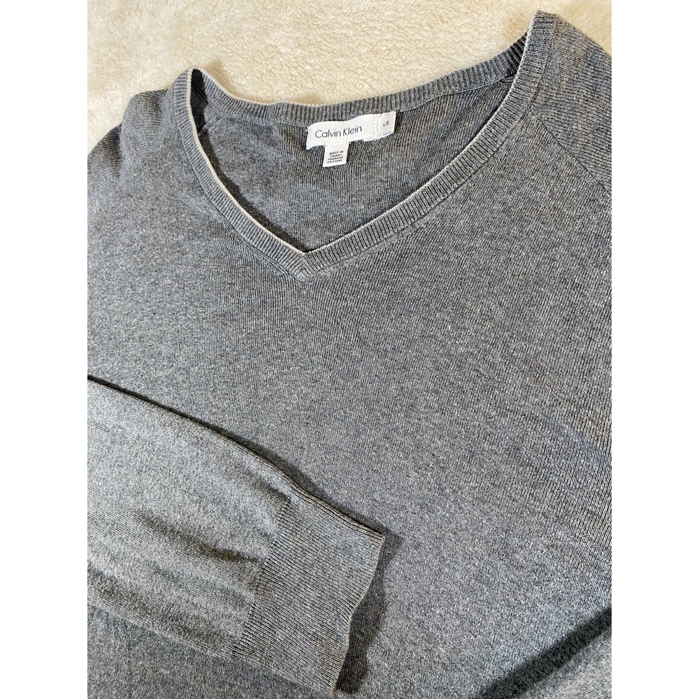 Calvin Klein Mens Size Large Cotton V Neck Pullover Gray Sweater